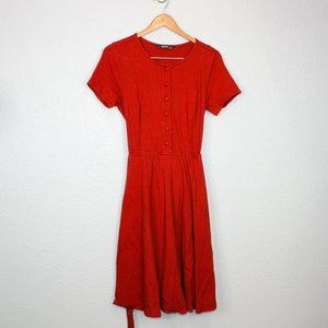 Eshakti Burnt Sedona Orange Crew Neck Faux Button Midi Dress